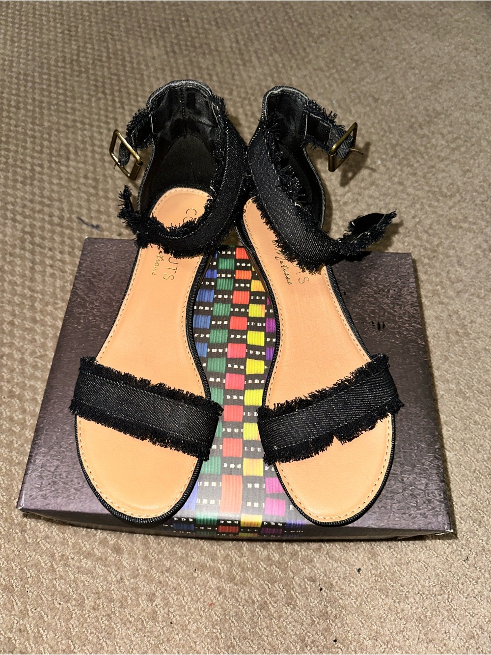 Coconuts by Matisse Black Frayed Strap Ankle Buckle Sandals